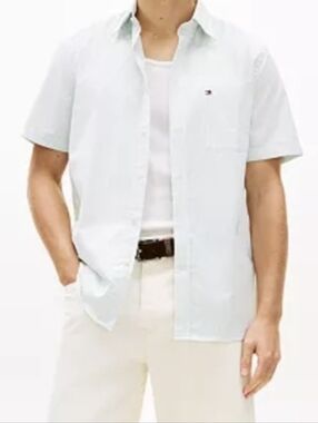 Tommy Hilfiger Light Blue and White Striped Button-Down Shirt